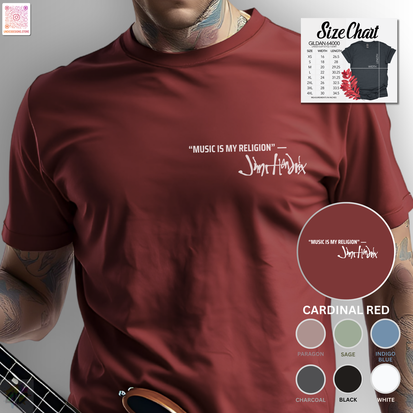 "Music is my religion" J. Hendrix. quote pocket graphic tee.