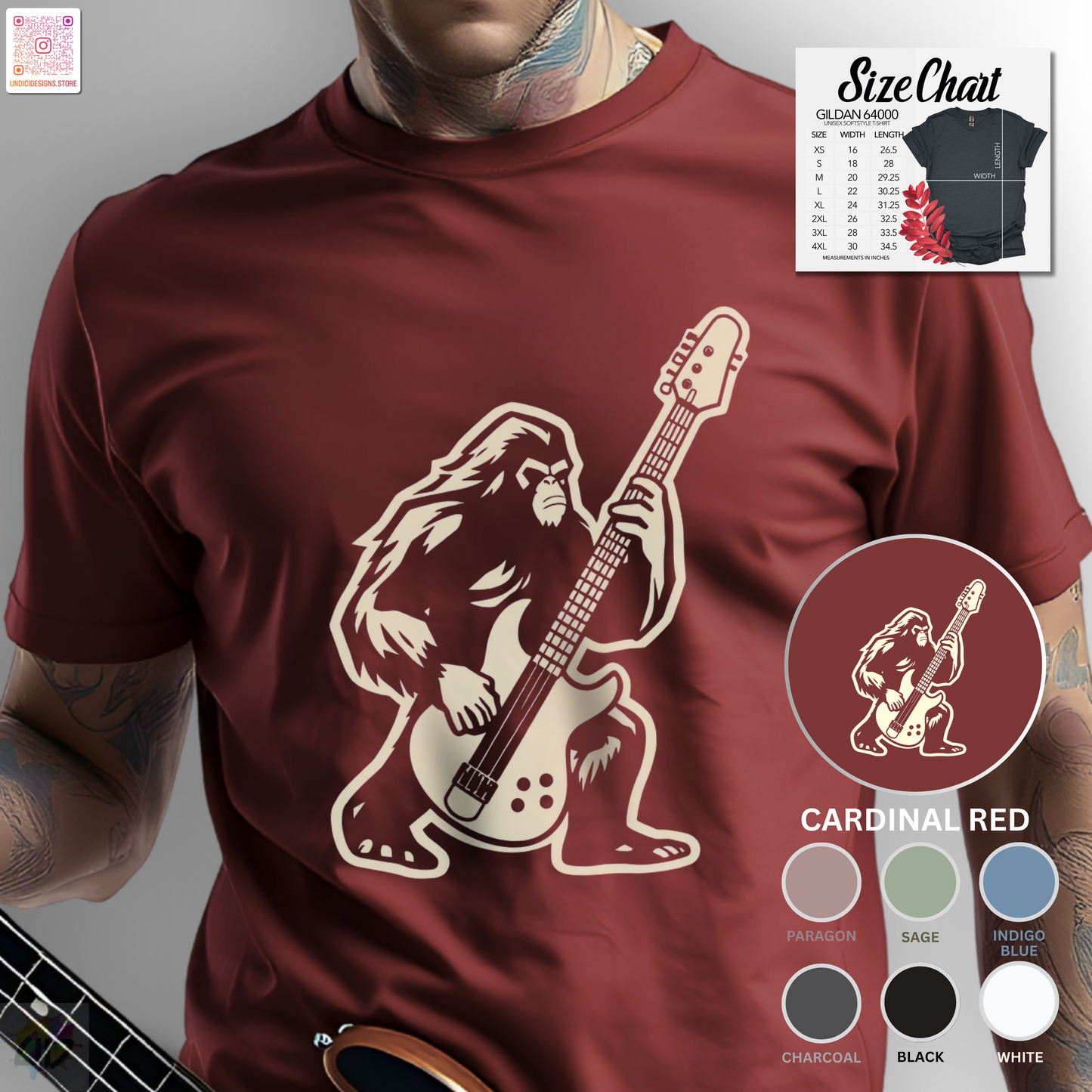 Bass-squatch silhouette in a cream-colored graphic tee.