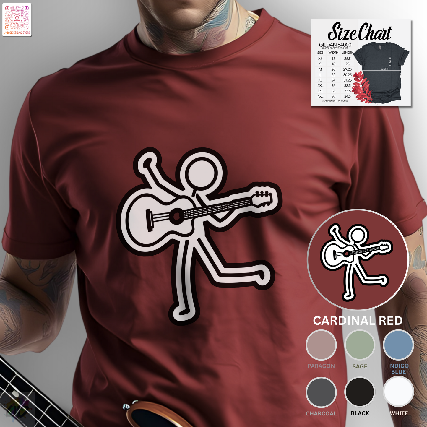 Joe Stick playing an acoustic guitar graphic tee.