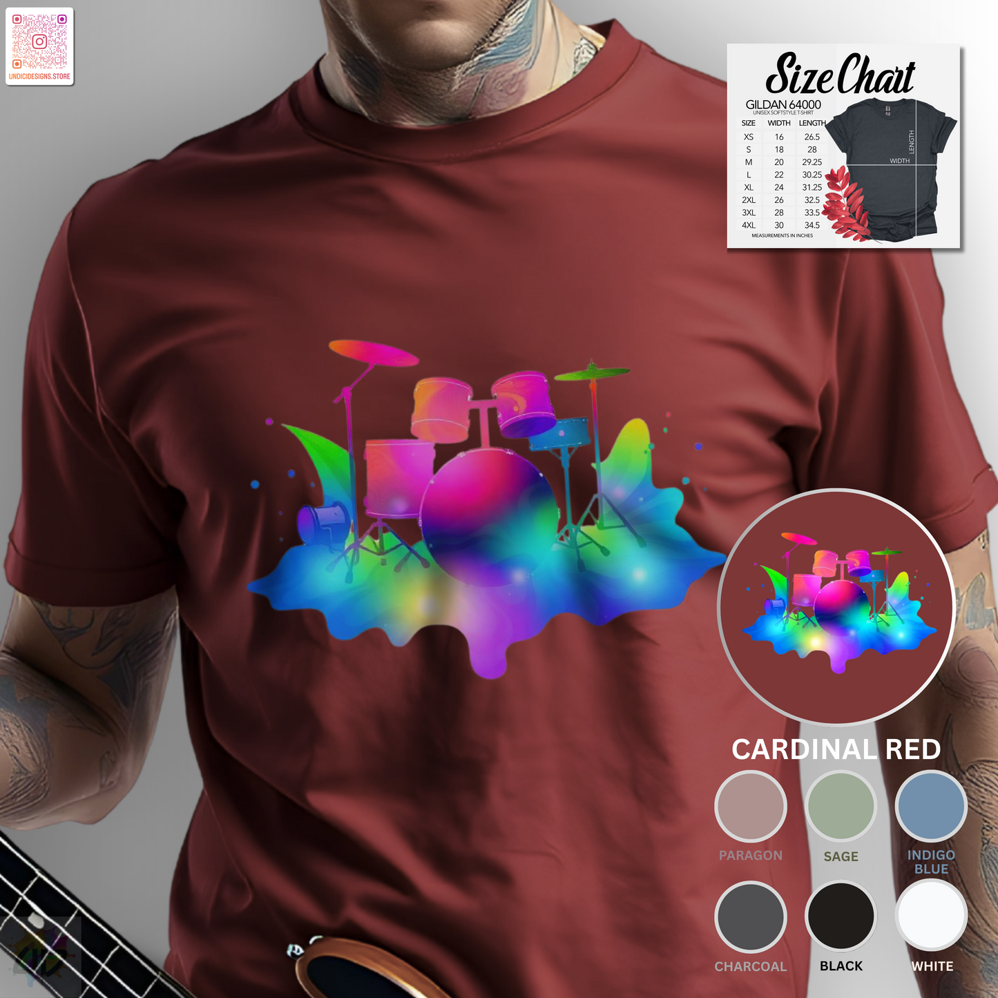 Colorful drum set in a vibrant splash graphic tee.