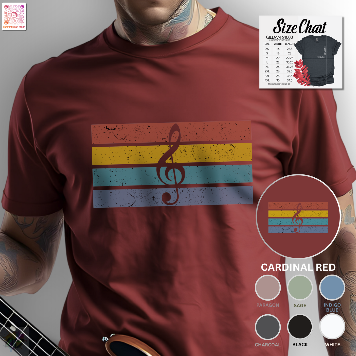 Treble clef on retro sunset graphic tee.