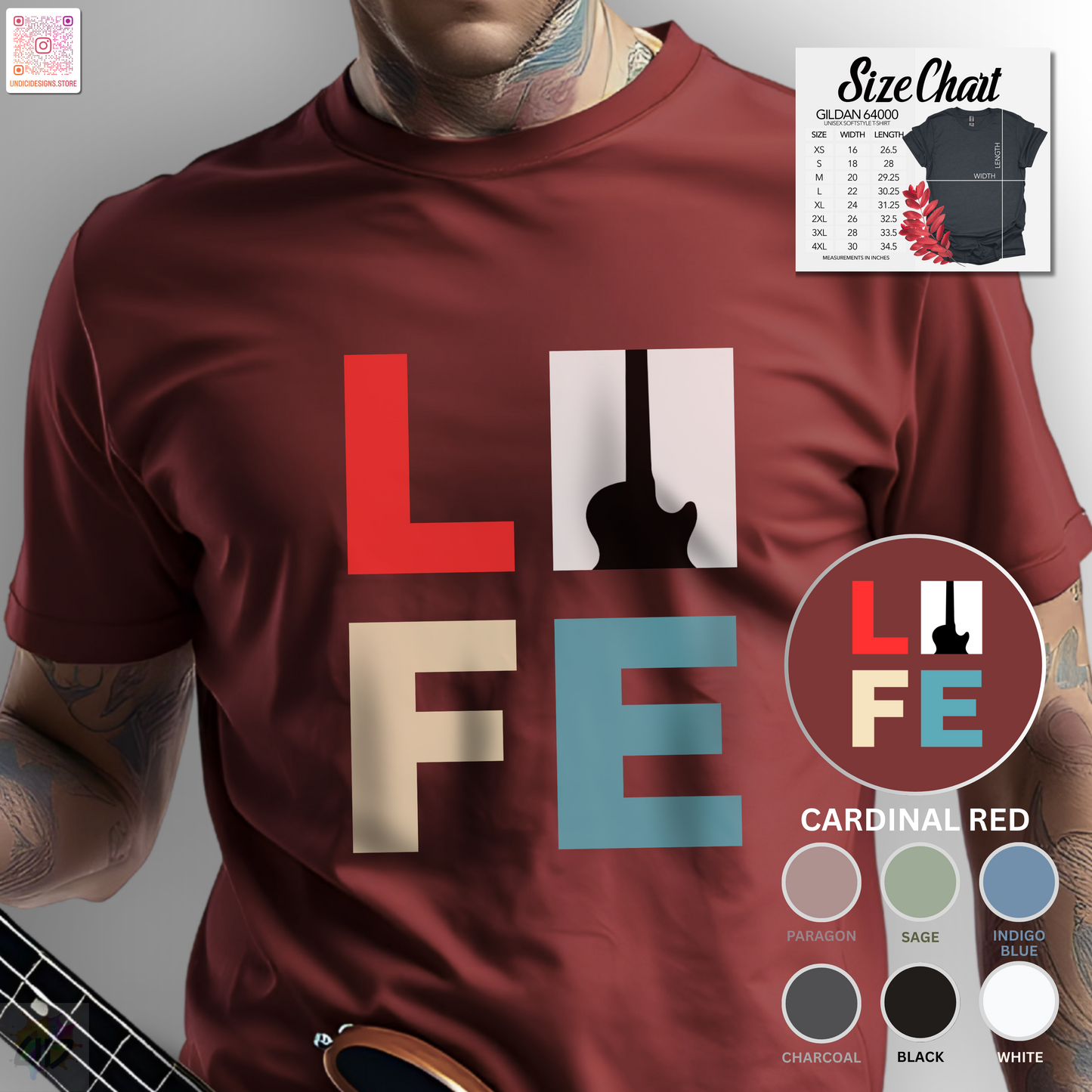 "LIFE" in color with guitar graphic tee.