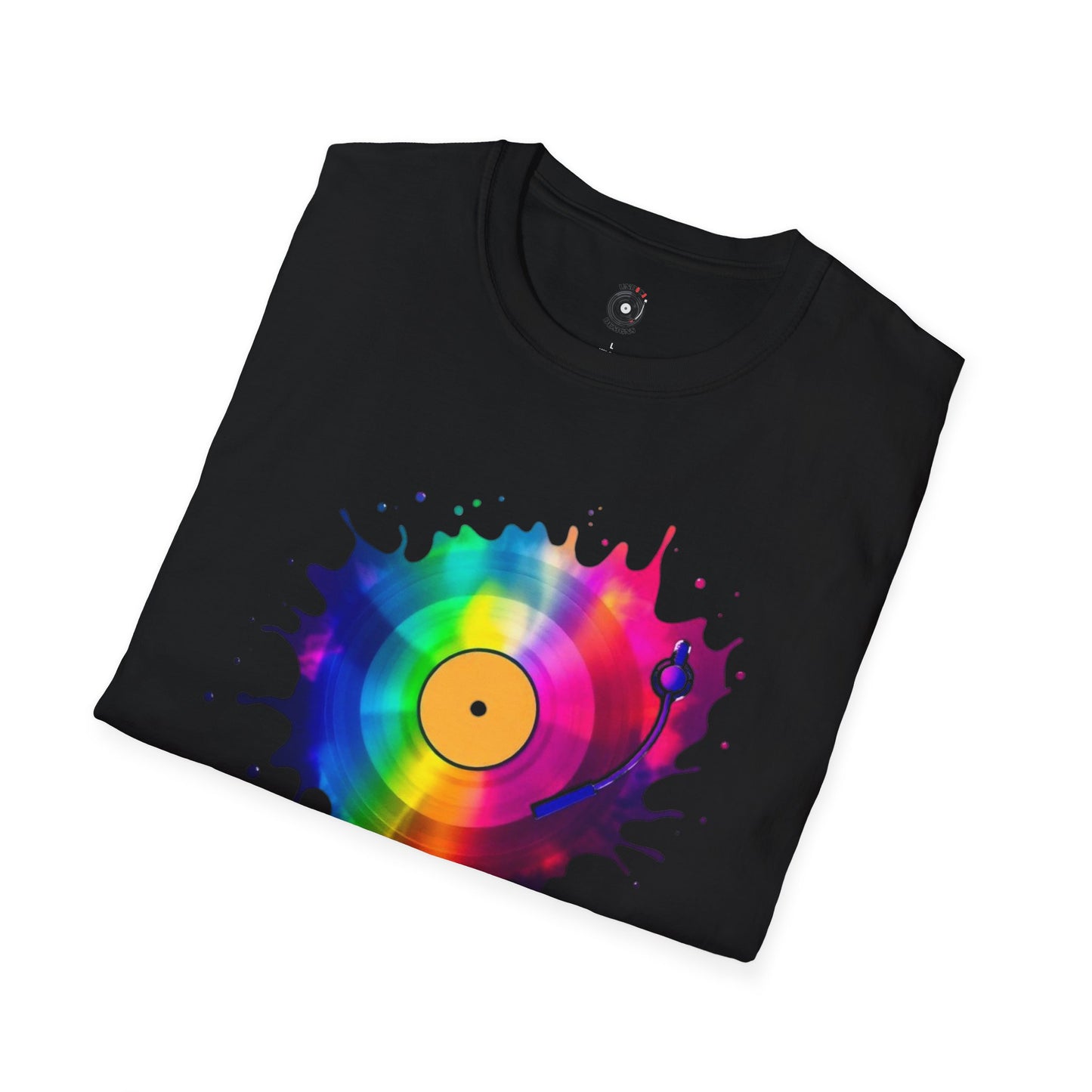 Colorful vinyl record in a multi-colored splash graphic.