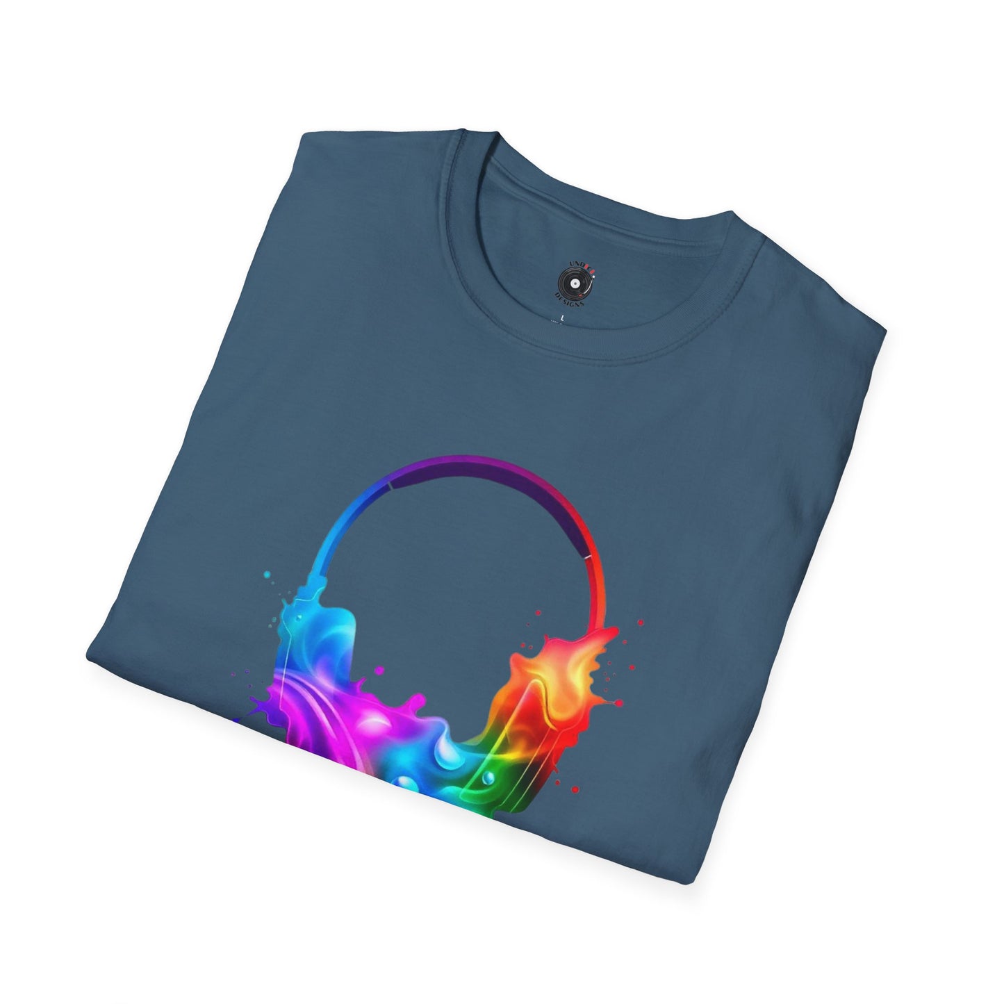 Colorful headphones in a multi-colored splash graphic.