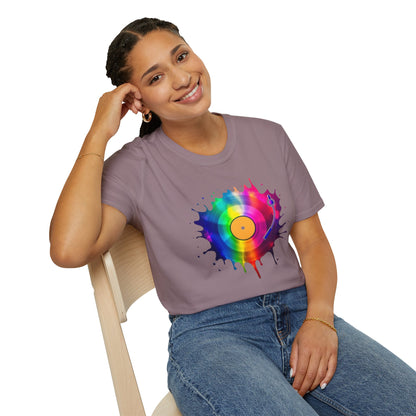 Colorful vinyl record in a multi-colored splash graphic.