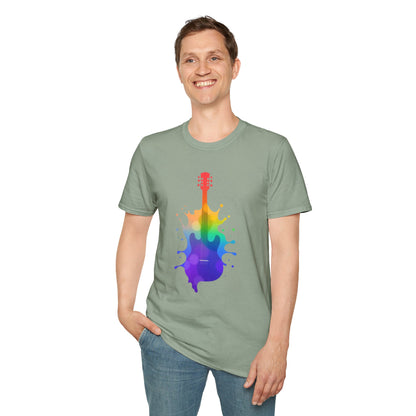 Colorful hollow body guitar in a vibrant splash graphic.