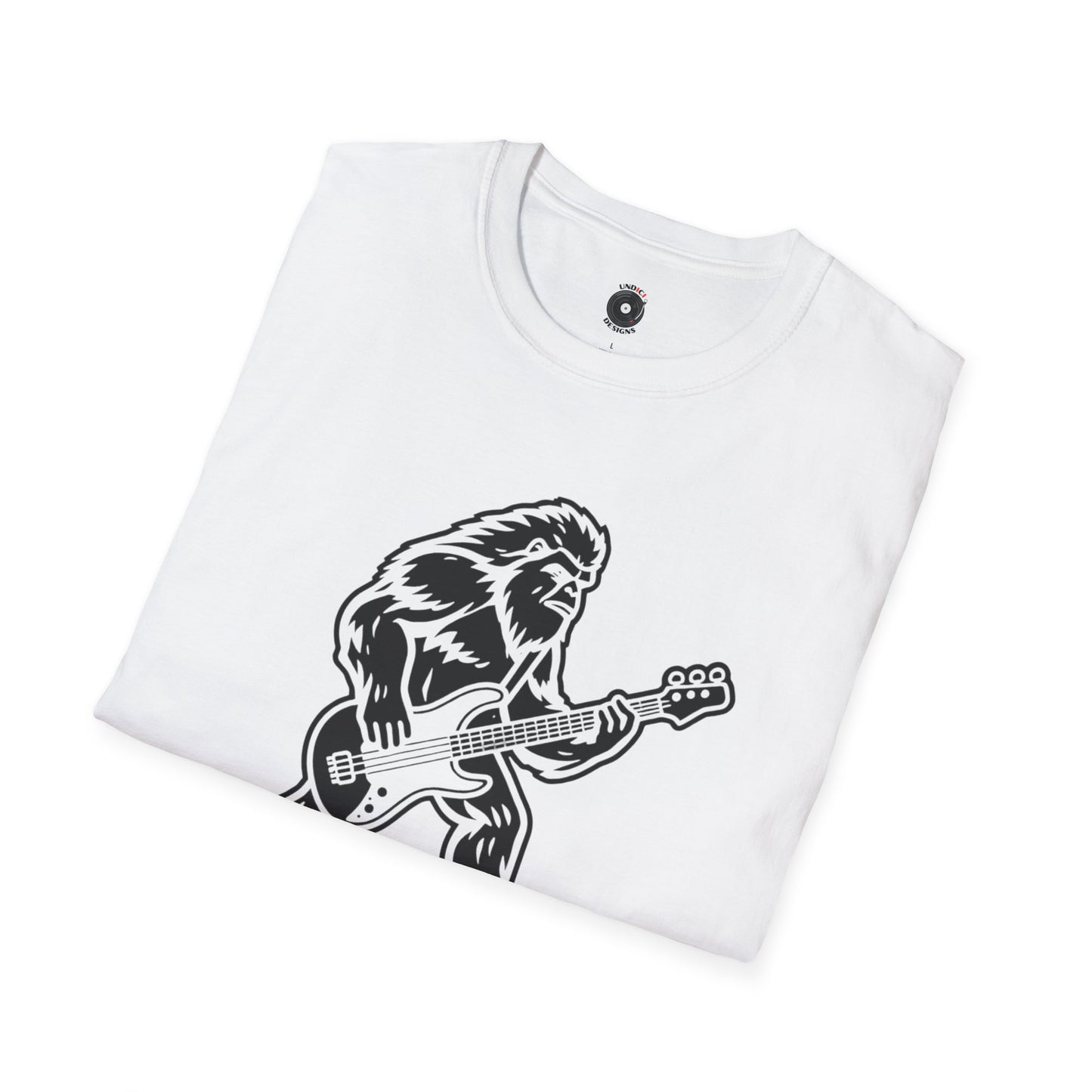 Yeti silhouette with Bass guitar in a cream-colored graphic.