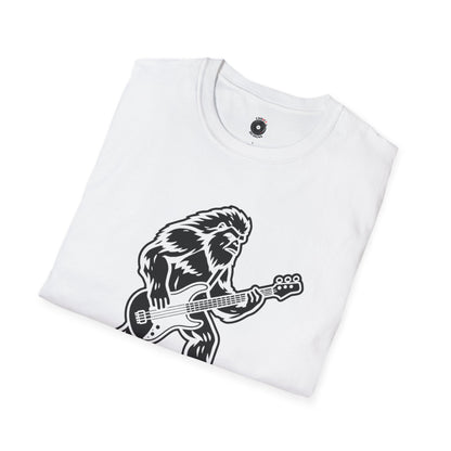 Yeti silhouette with Bass guitar in a cream-colored graphic.