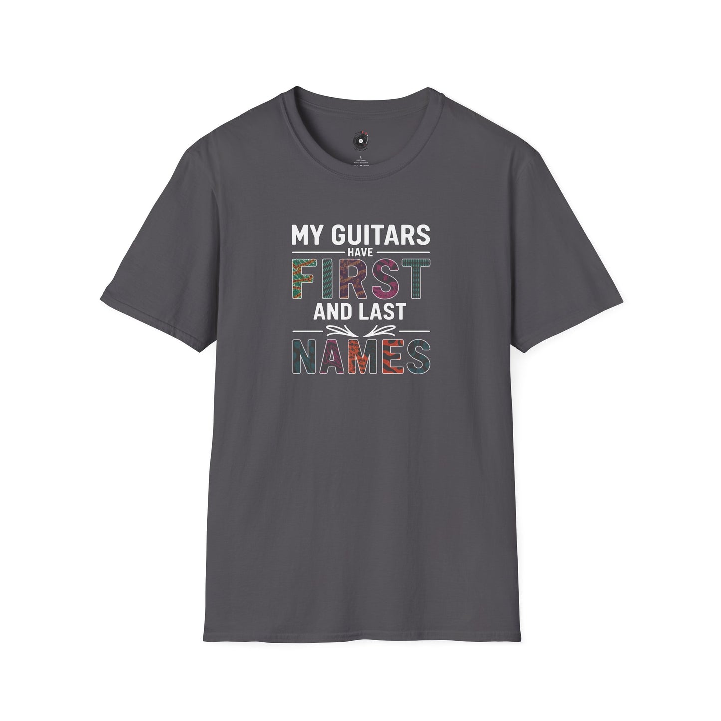 "My guitars have first and last names" colorful text graphic.