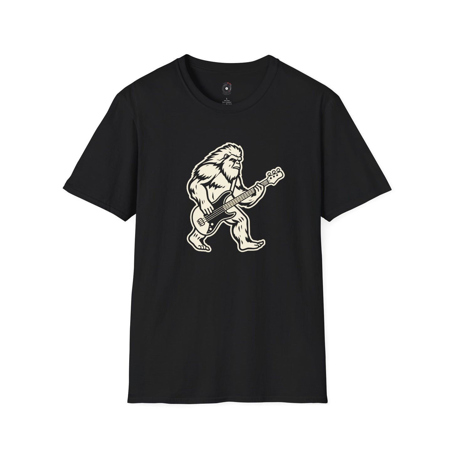 Yeti silhouette with Bass guitar in a cream-colored graphic.