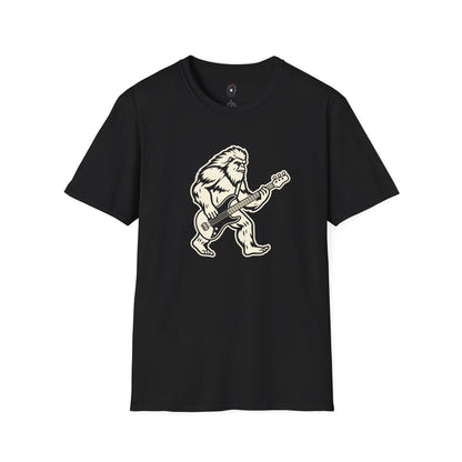 Yeti silhouette with Bass guitar in a cream-colored graphic.