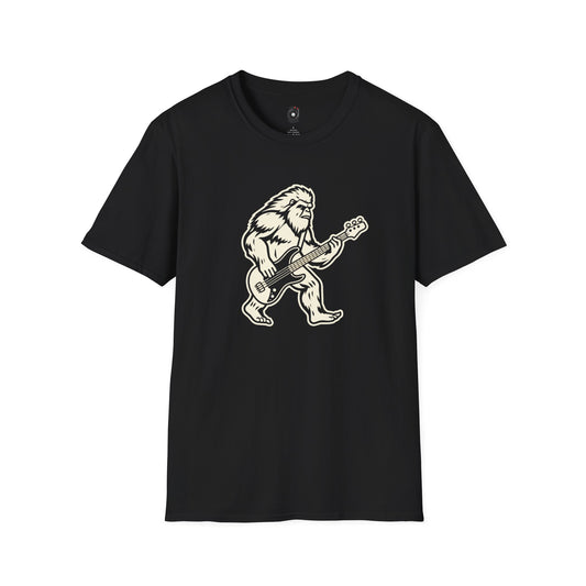 Yeti silhouette with Bass guitar in a cream-colored graphic.