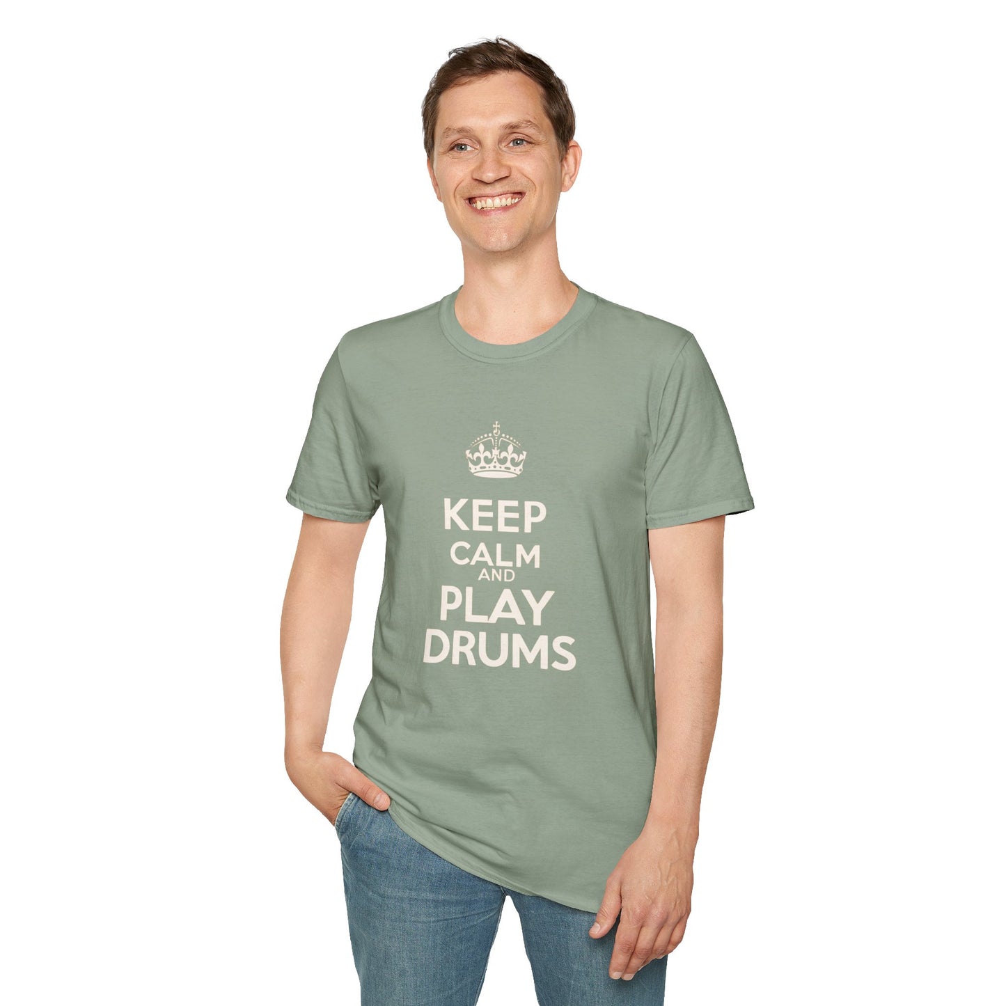 "Keep calm and play drums" text graphic tee.