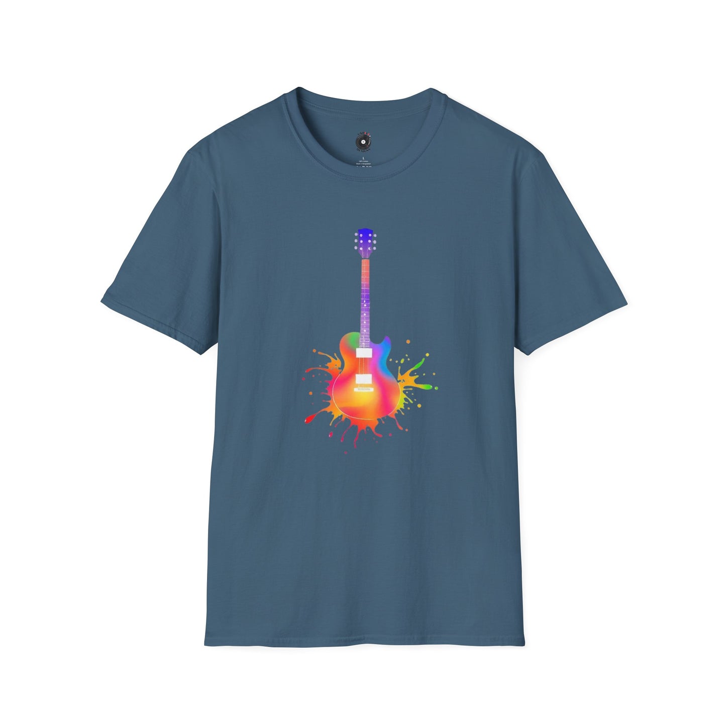 Colorful LP style electric guitar in a vibrant splash graphic.