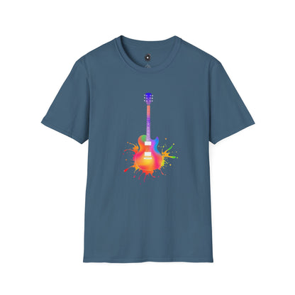 Colorful LP style electric guitar in a vibrant splash graphic.