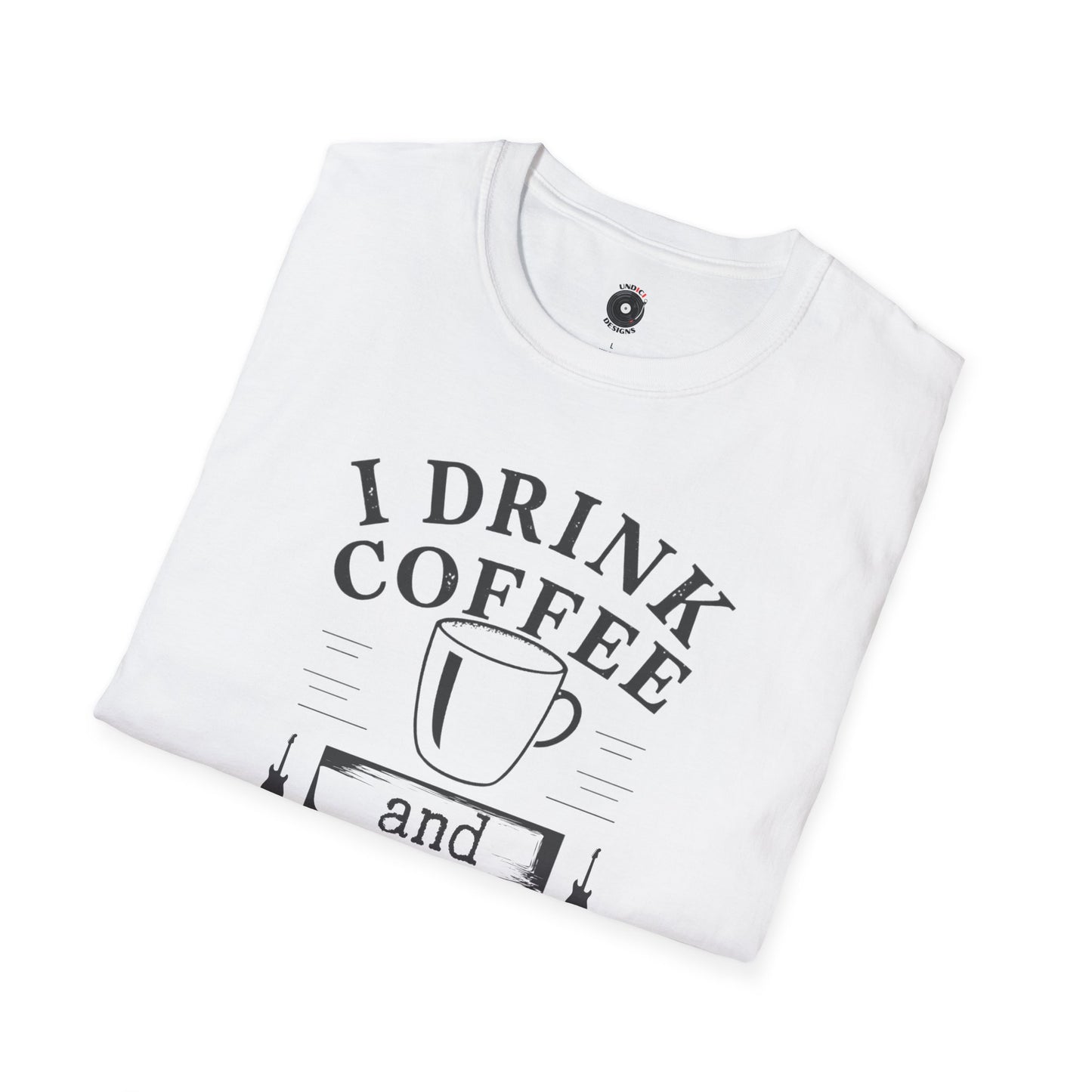 "I drink coffee and play guitar" graphic with coffee cup.