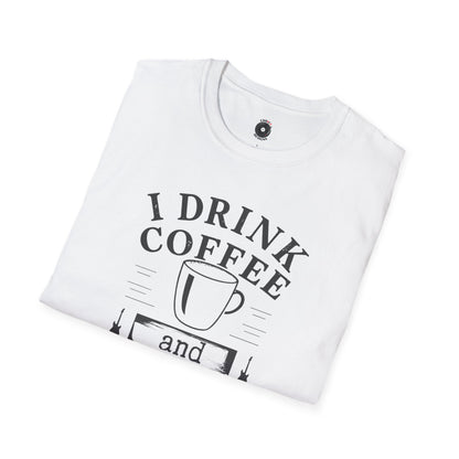 "I drink coffee and play guitar" graphic with coffee cup.