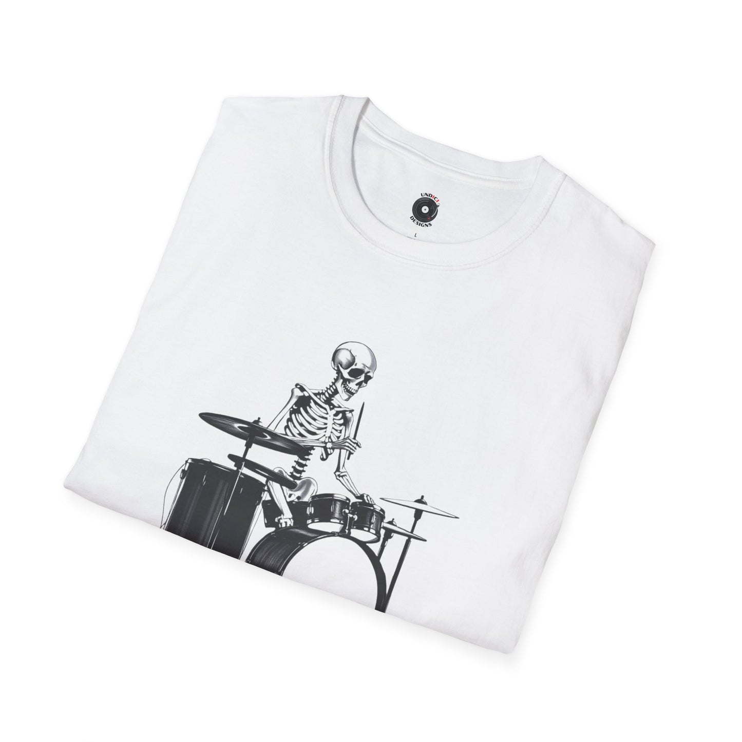 Skeleton silhouette playing drums in a circular background graphic.