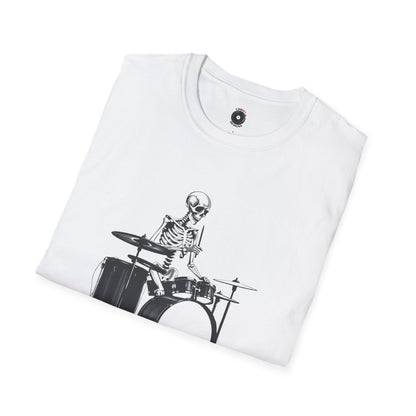 Skeleton silhouette playing drums in a circular background graphic.