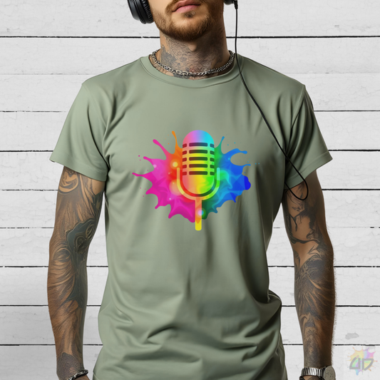 Colorful Vintage Microphone in a Colorful Splash Graphic Tee.
