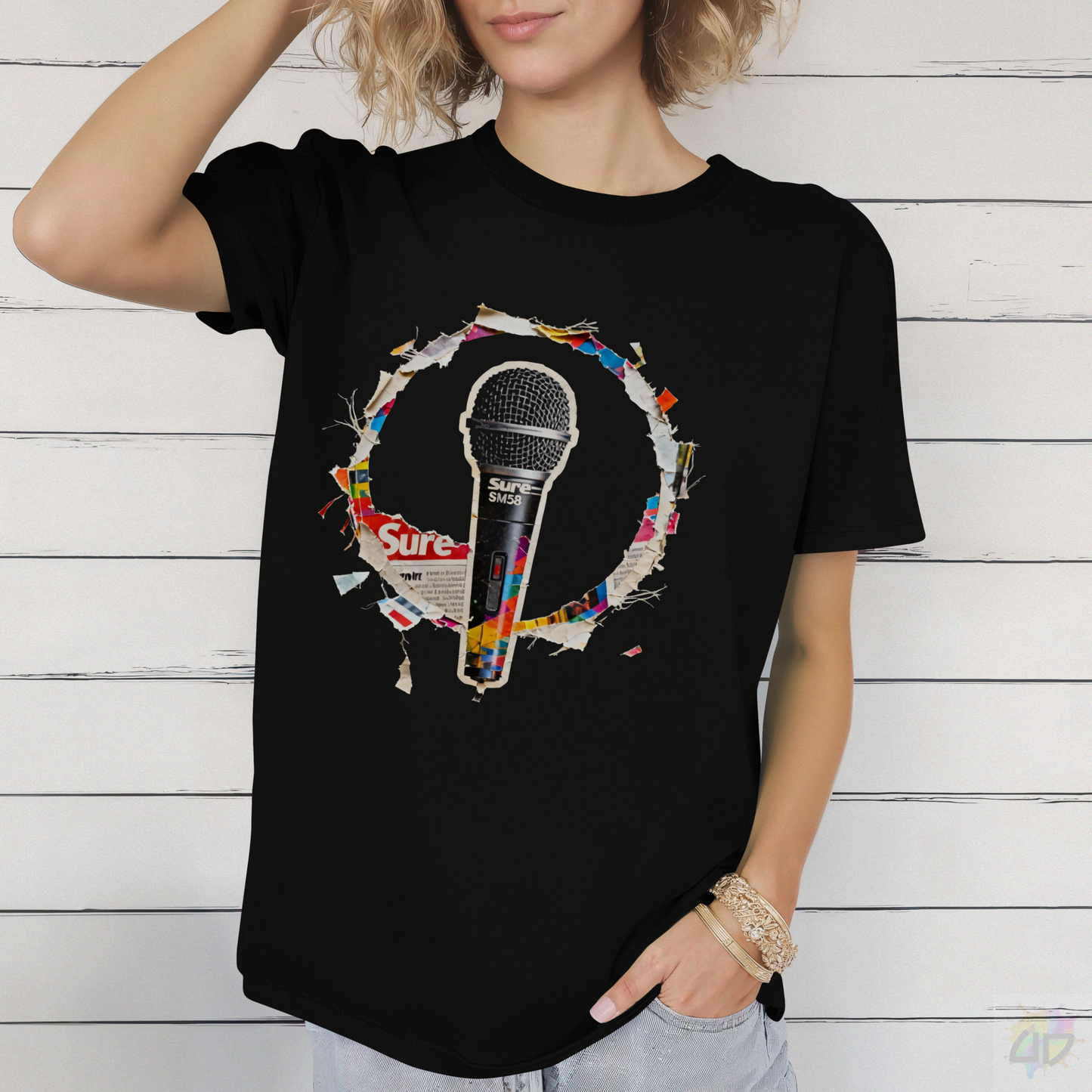 Microphone Cutout in a Circular Graphic Tee.