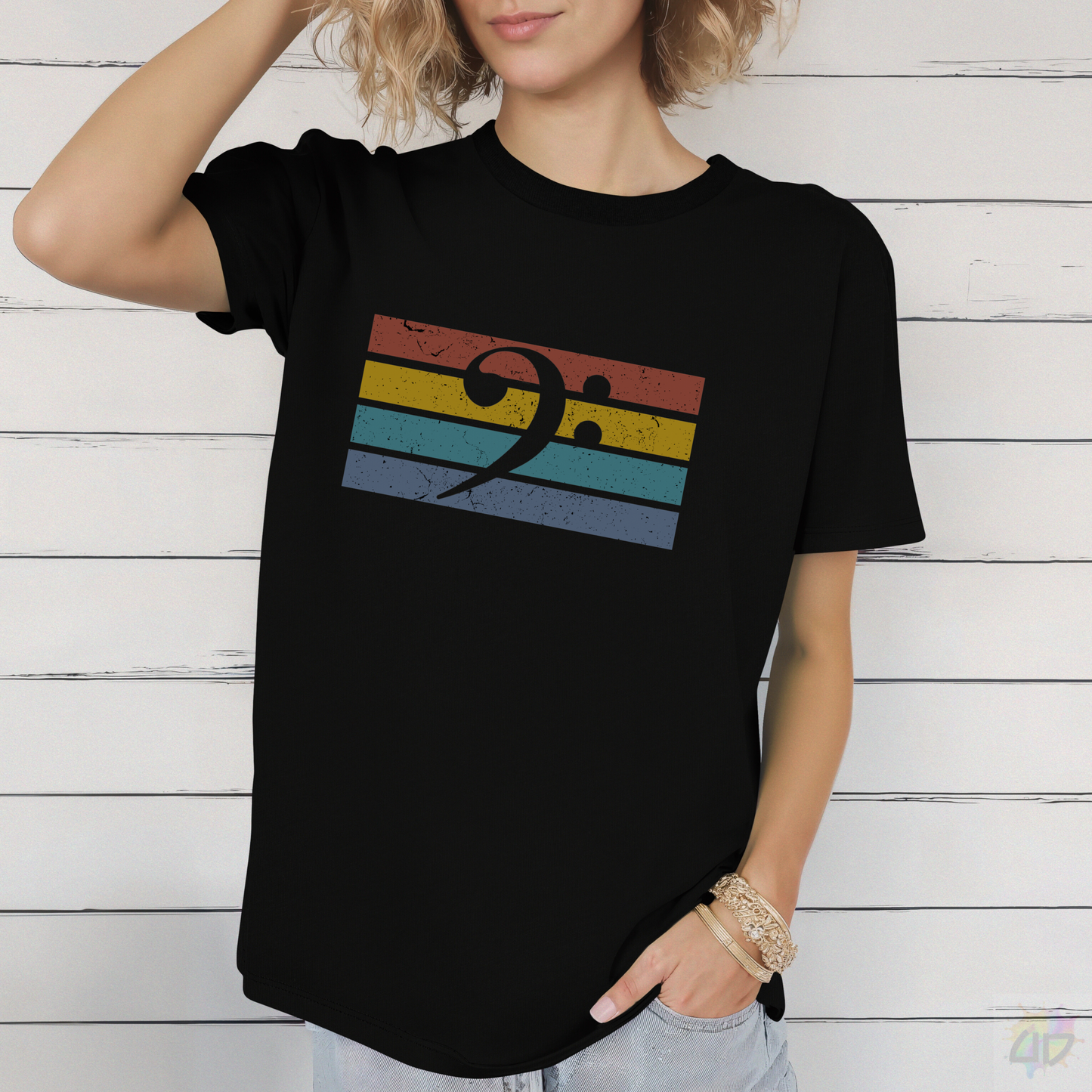 Bass Clef on Retro Sunset Graphic Tee.