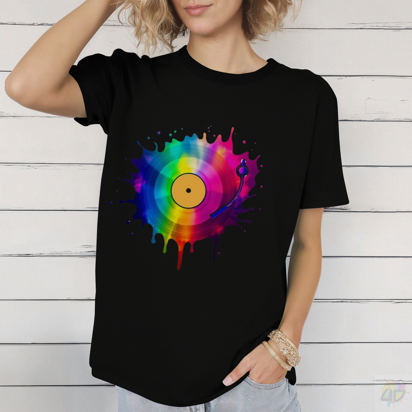 Colorful Vinyl Record in a Splash Graphic Tee.
