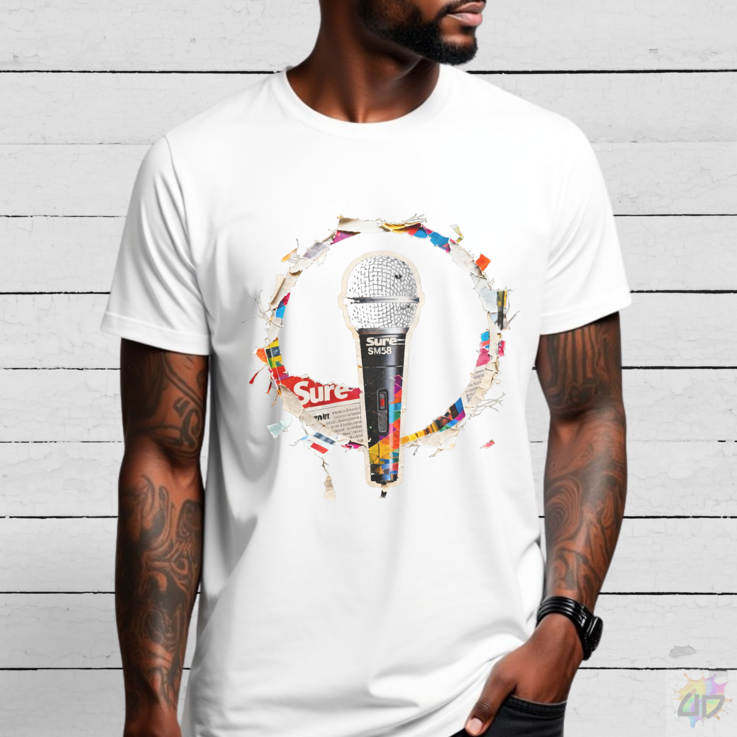 Microphone Cutout in a Circular Graphic Tee.