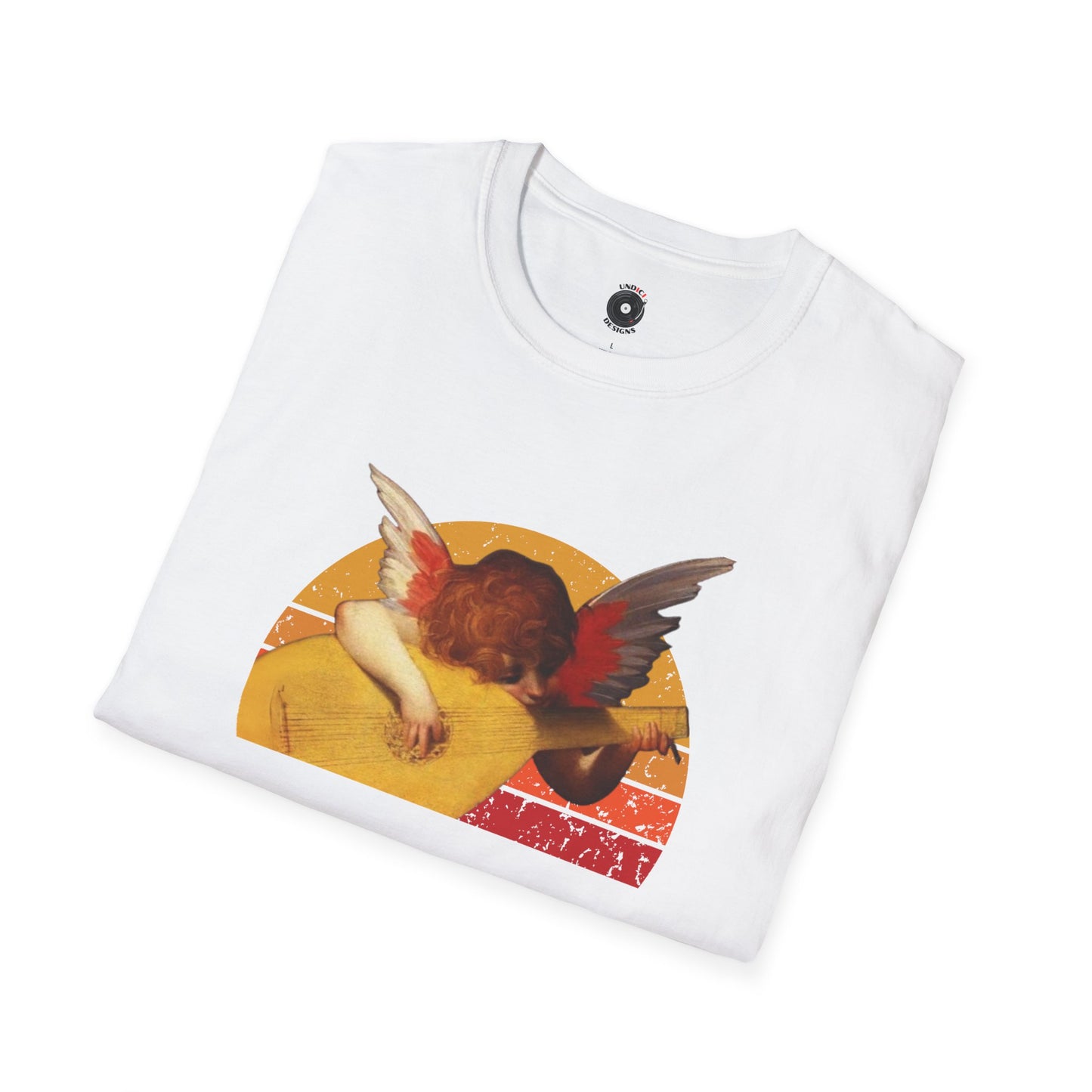 Cherub playing guitar in circular retro sunset.