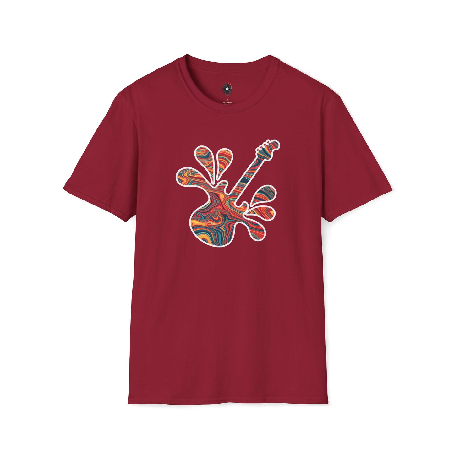 Tie-Dye Guitar in a Vibrant Splash Graphic Tee.