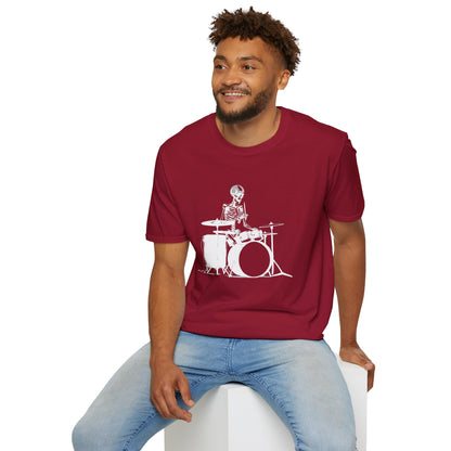 Skeleton silhouette playing drums in a circular background graphic.