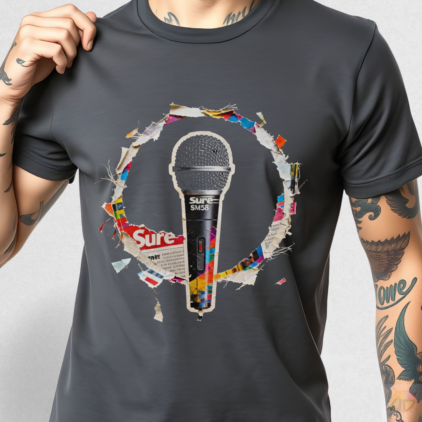 Microphone Cutout in a Circular Graphic Tee.