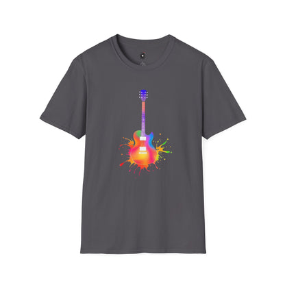Colorful LP style electric guitar in a vibrant splash graphic.