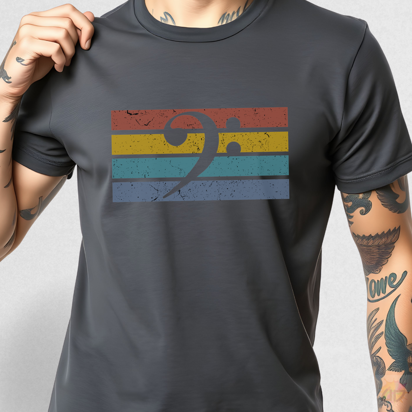 Bass Clef on Retro Sunset Graphic Tee.