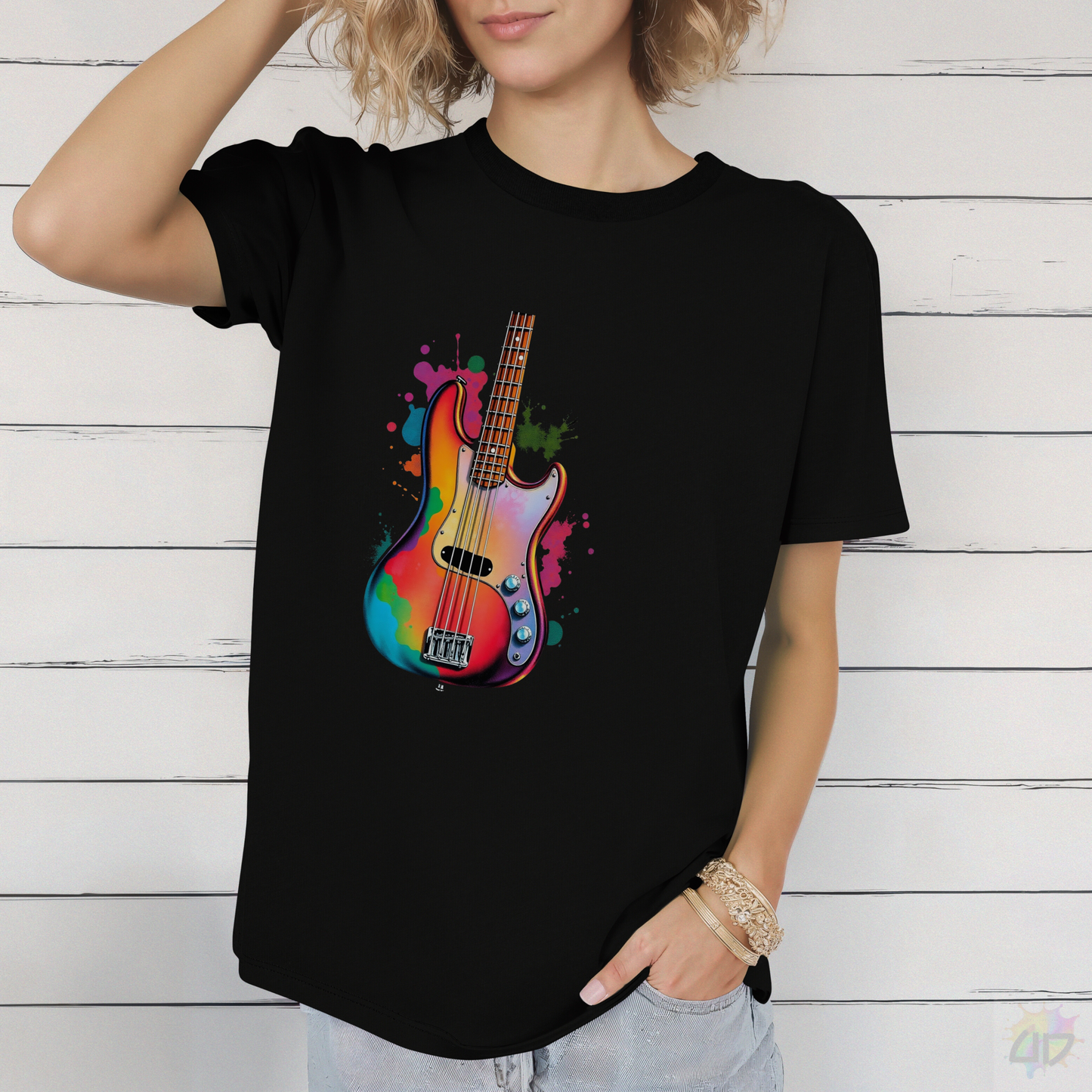 Colorful Jazz Bass Body Splash Graphic Tee.