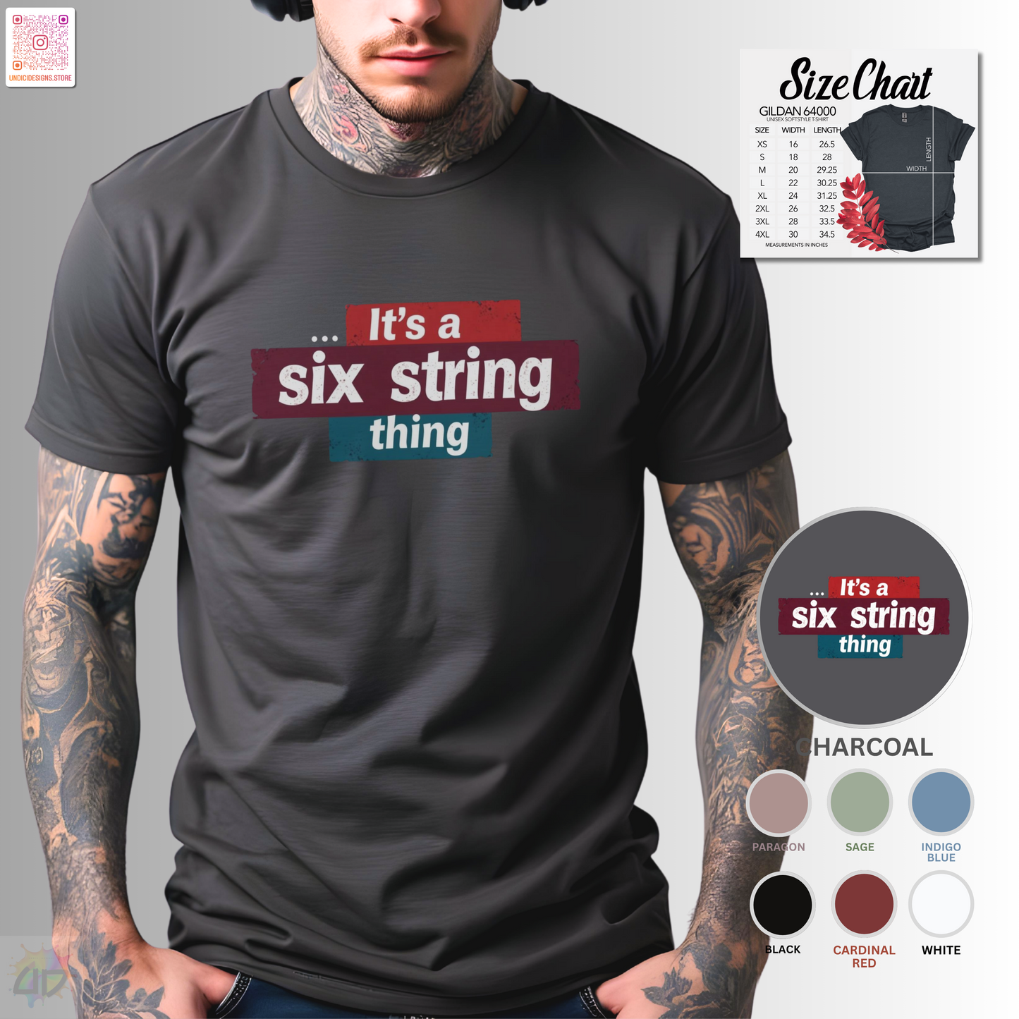 "It's a six-string thing" in highlighted text graphic tee.