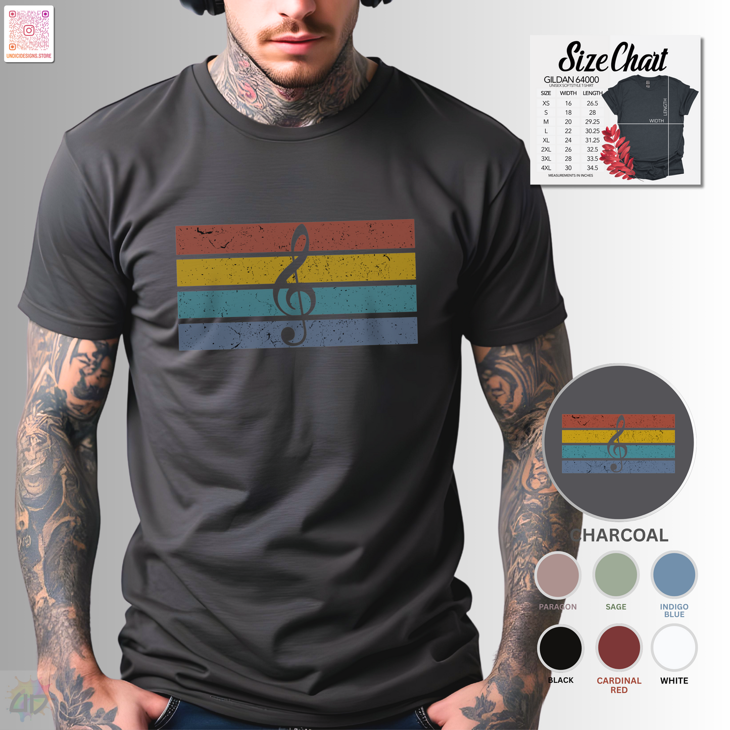 Treble clef on retro sunset graphic tee.