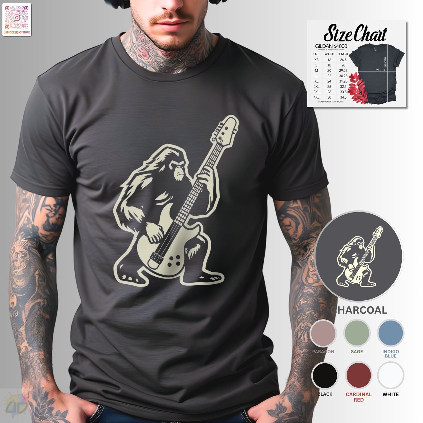 Bass-squatch silhouette in a cream-colored graphic tee.