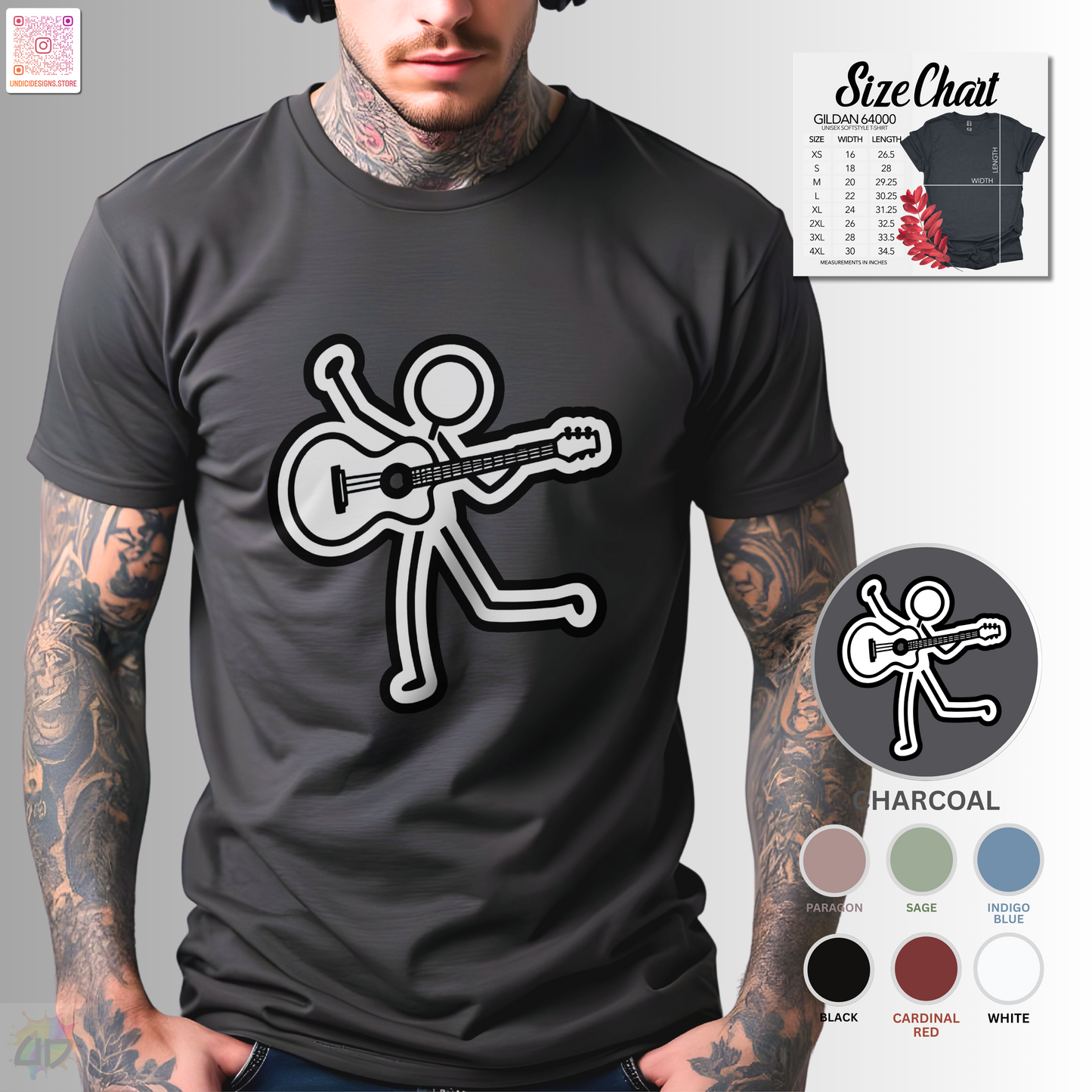 Joe Stick playing an acoustic guitar graphic tee.