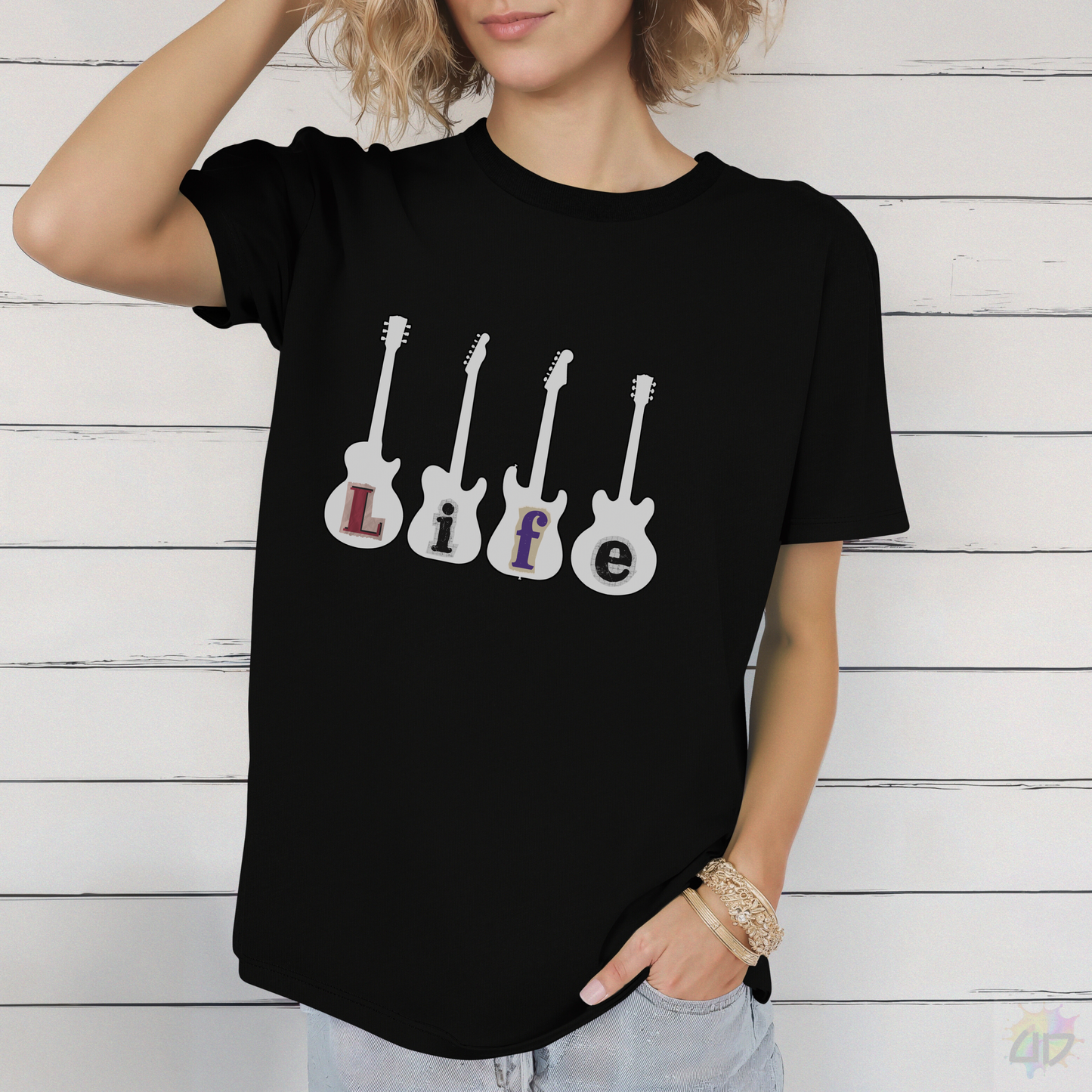 "Life" in Four Guitar Silhouettes Graphic Tee.