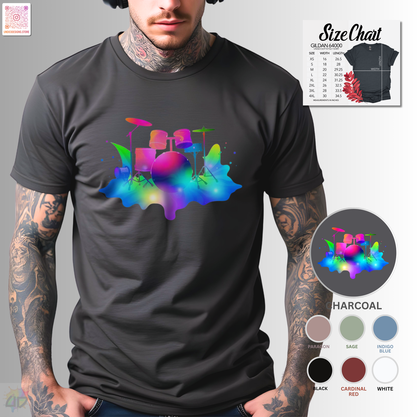 Colorful drum set in a vibrant splash graphic tee.