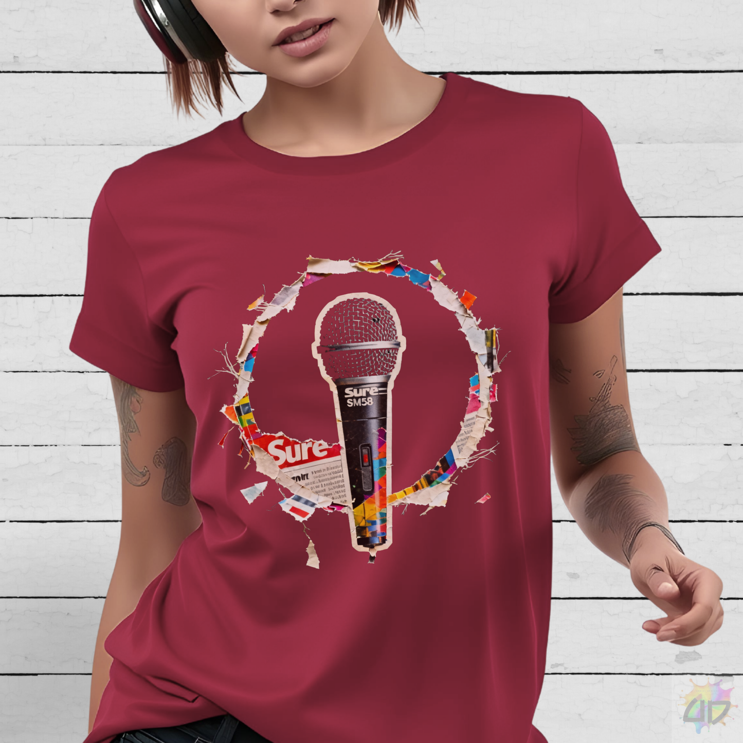 Microphone Cutout in a Circular Graphic Tee.