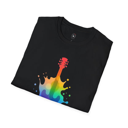 Colorful hollow body guitar in a vibrant splash graphic.