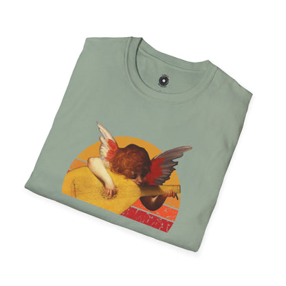 Cherub playing guitar in circular retro sunset.