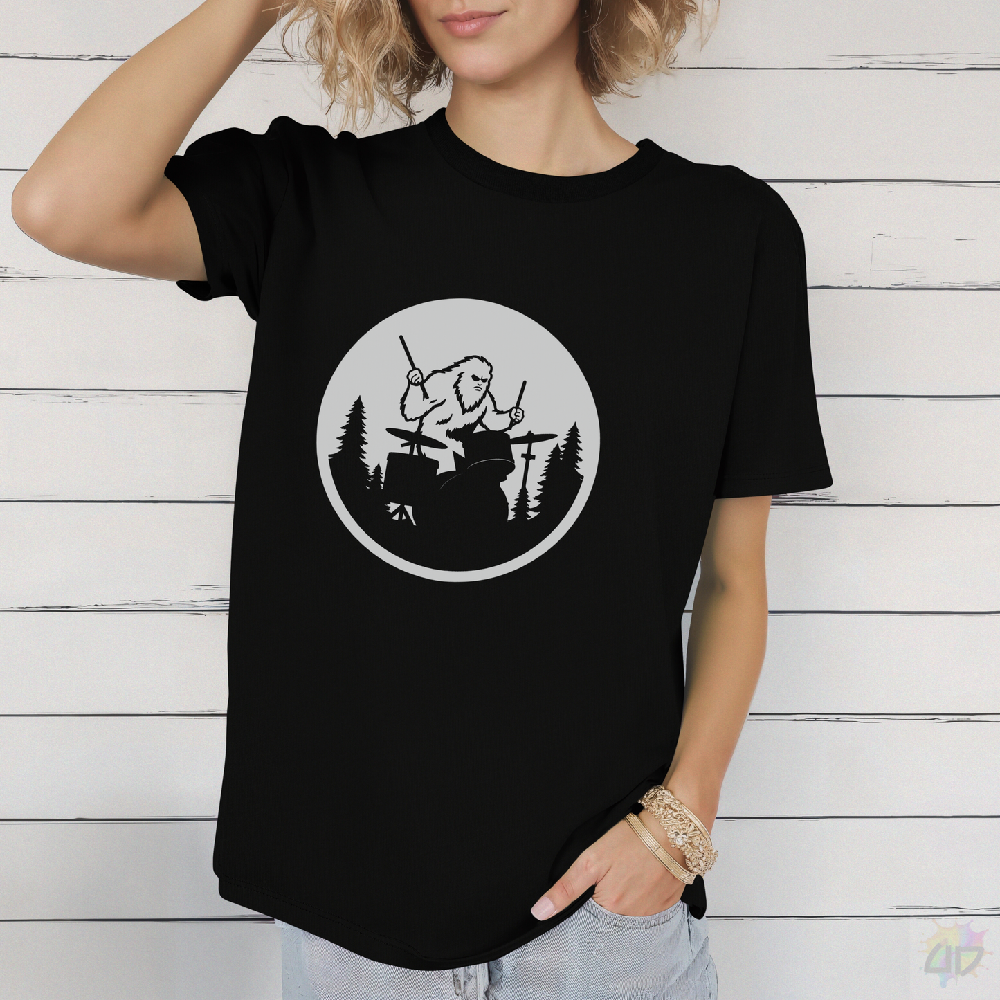 Big Foot Silhouette Playing Drums Graphic Tee.
