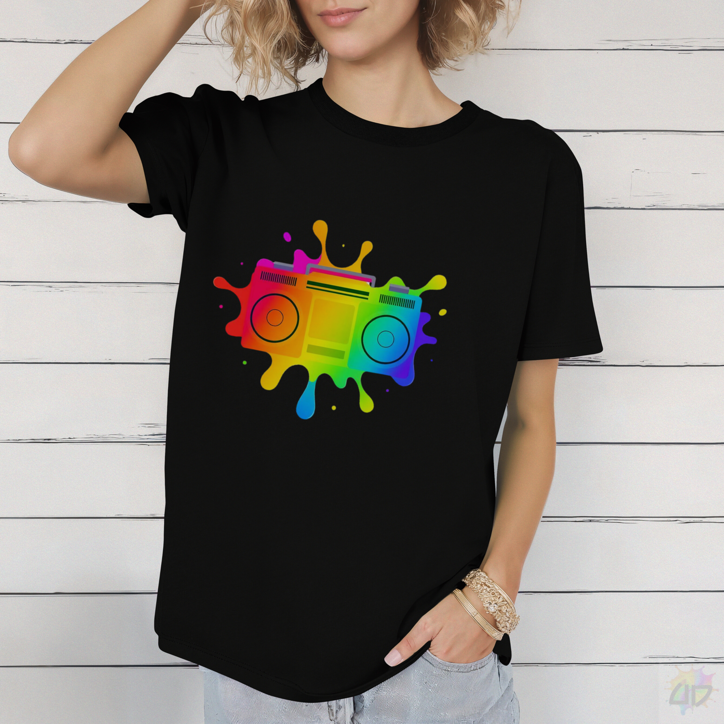 Colorful Boombox in a Splash Graphic Tee.