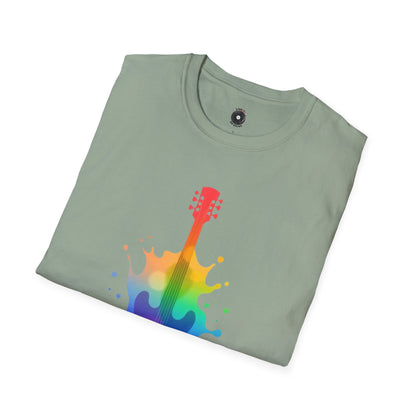 Colorful hollow body guitar in a vibrant splash graphic.