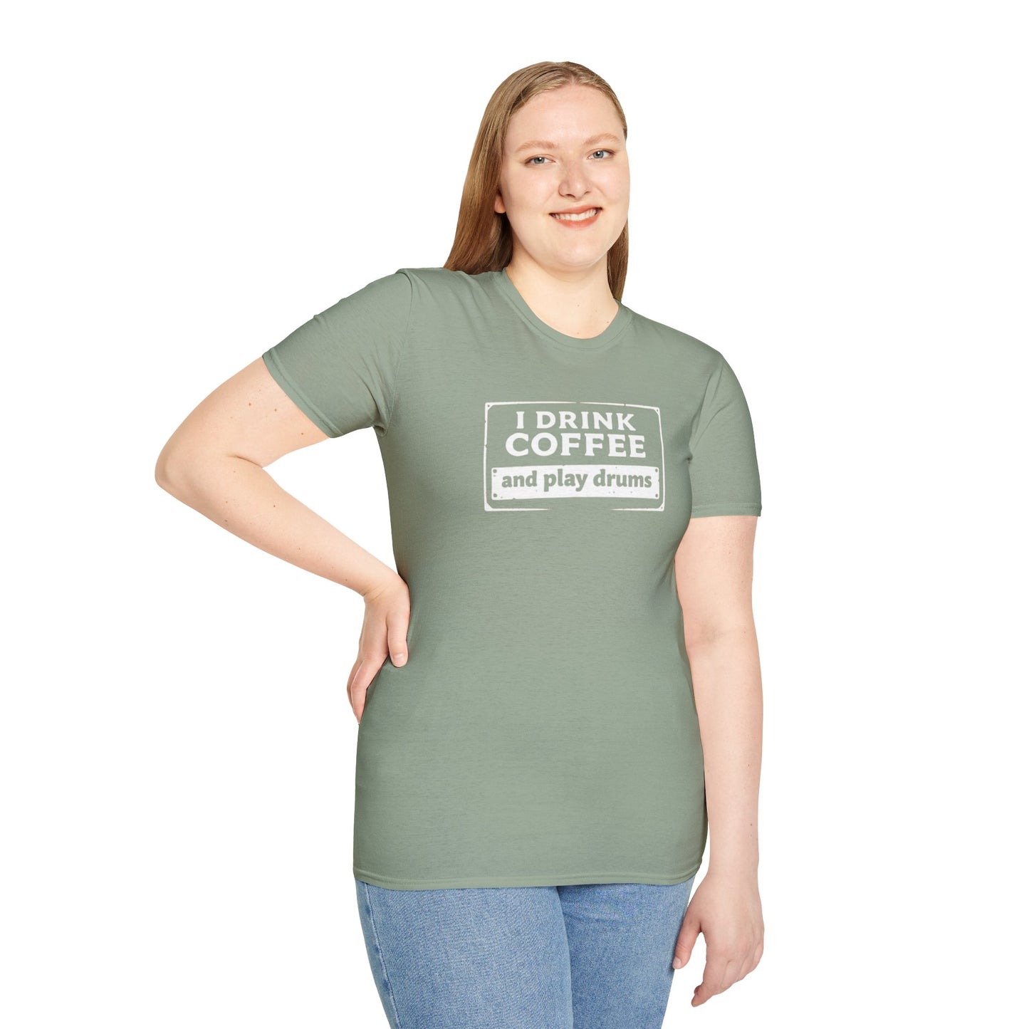 "I drink coffee and play drums" in a stamplike design