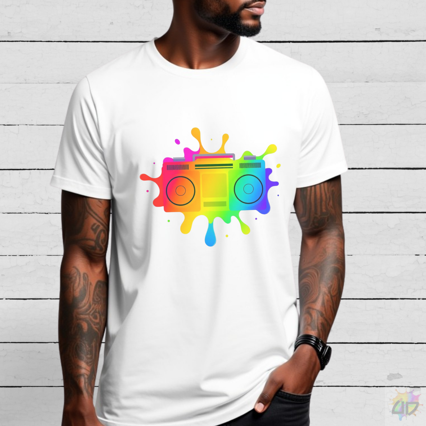 Colorful Boombox in a Splash Graphic Tee.