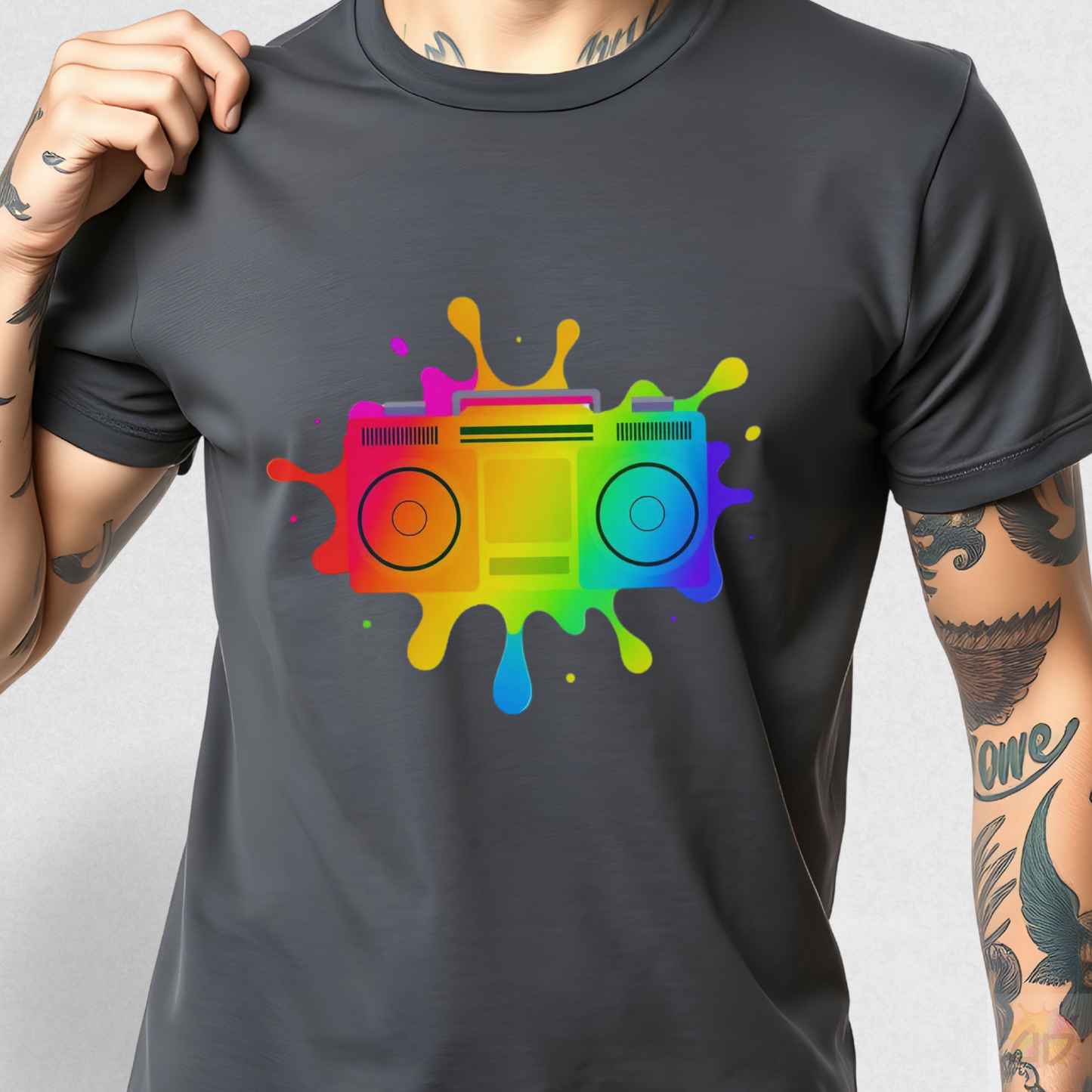 Colorful Boombox in a Splash Graphic Tee.